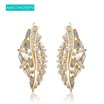 

MECHOSEN Exquisite Cubic Zirconia Stud Earrings Leaf Shape Gold Color Shiny Bijuterias Brincos For Women Aretes Pave Setting