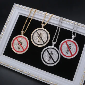 

LuReen Hip Hop Iced Out No Entry Pendant Necklace Gold Silver Color Cubic Zircon Long Necklaces For Women Men Punk Jewelry