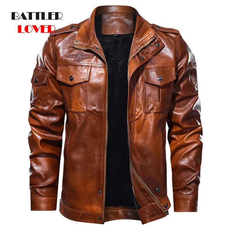 Autumn Winter Leather Jacket Men Stand Collar Motorcycle Washed Leather Jackets for Male High Quality Biker Military Bomber Coat