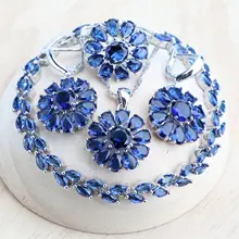 

925 Silver Jewelry Sets For Women Wedding Blue Zircon Earrings Rings Charm Bracelets Pendant Necklace Bridal Jewelry Ladies Set