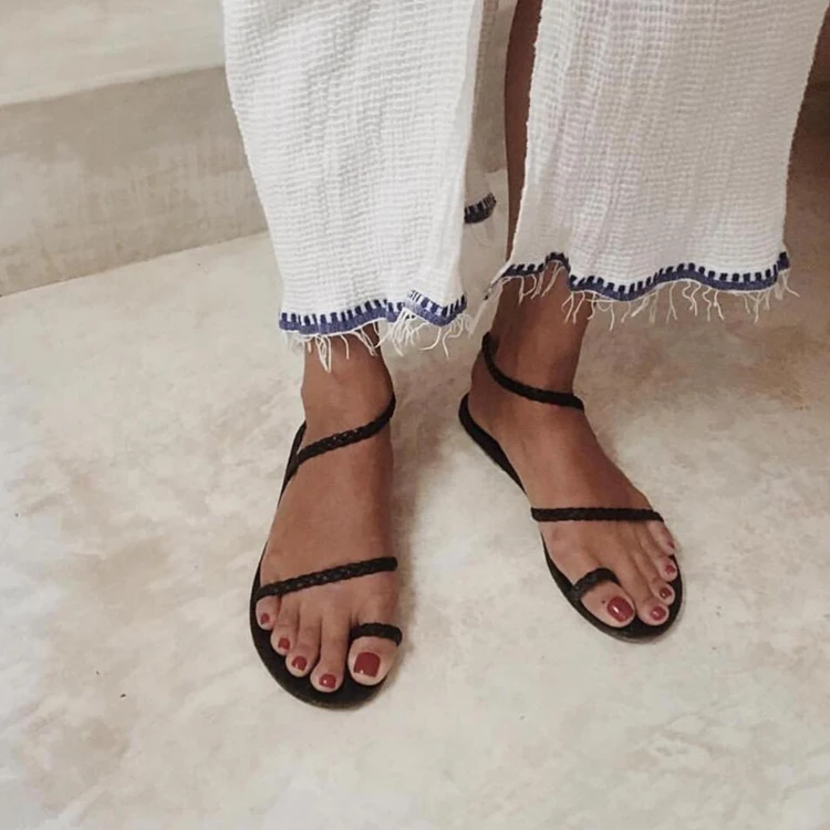 NAN JIU/Женская горная обувь; коллекция года; летние пляжные плетеные сандалии на плоской подошве с открытым носком в римском стиле; женская обувь; большие размеры 35-43