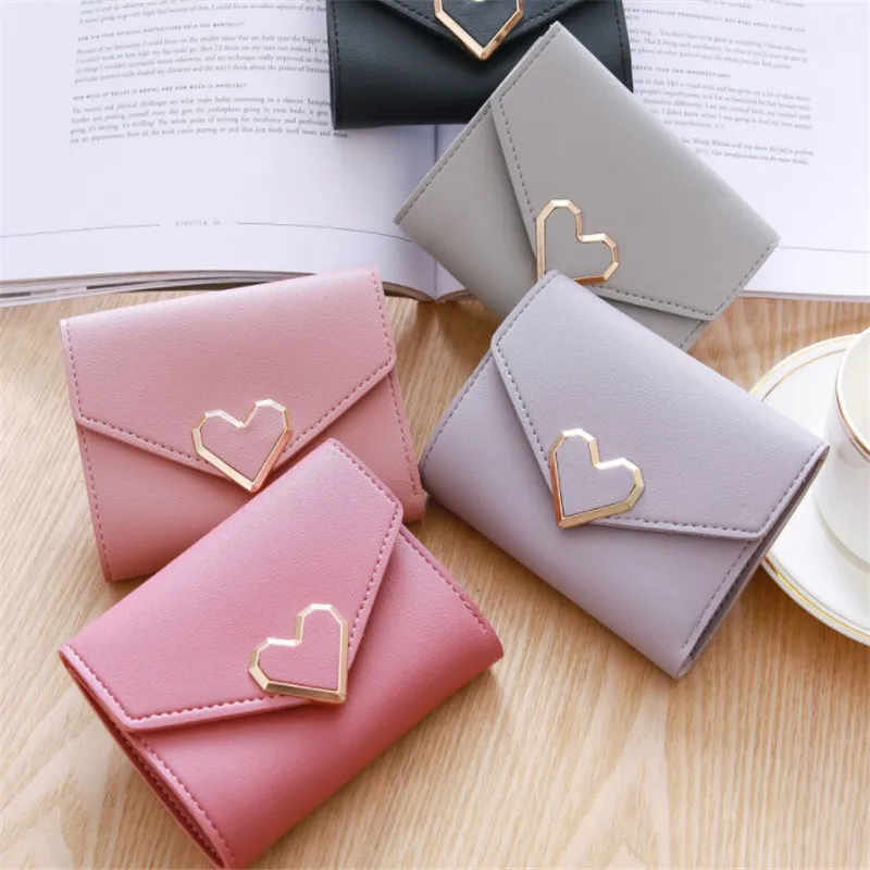 Candy Color Fashion Women Coin Purse Leather Solid Color Vintage Short Wallet Heart Hasp Ladies Girls Card Holder Clutch Bag