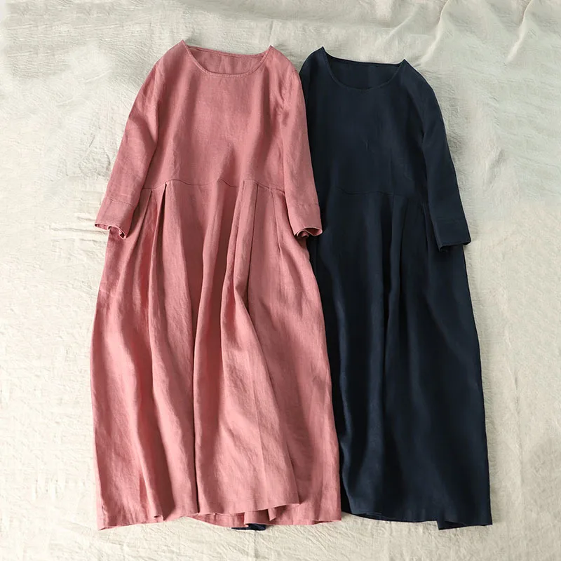 

Spring Autumn Women Loose Plus Size Japanese Style Casual Comfortable Water Washed Linen Dresses