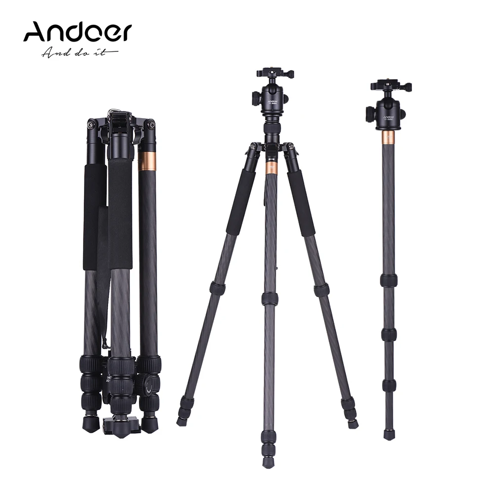 Andoer TP-999BC Профессиональный Портативный штатив-тренога из углеволокна компактный монопод для камеры с панорамной шариковой головкой 4-секционный Макс. Высота 163 см