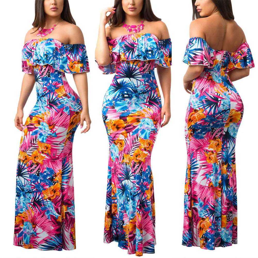 Jackherelook Womens Vintage Maxi Dresses Samoan Hibiscus Polynesian Tribal Brand Design Summer Unisex Clothes Off Shoulder Dress