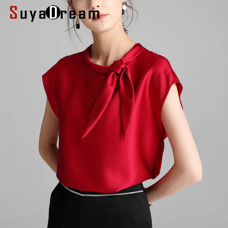 SuyaDream Women Solid T shirts 100%Silk Satin Bow