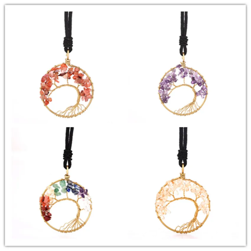 

FYJS Unique Light Yellow Gold Color Wire Wrap Tree of Life Rainbow Stone Pendant Lapis Lazuli Necklace with Handmade Rope Chain