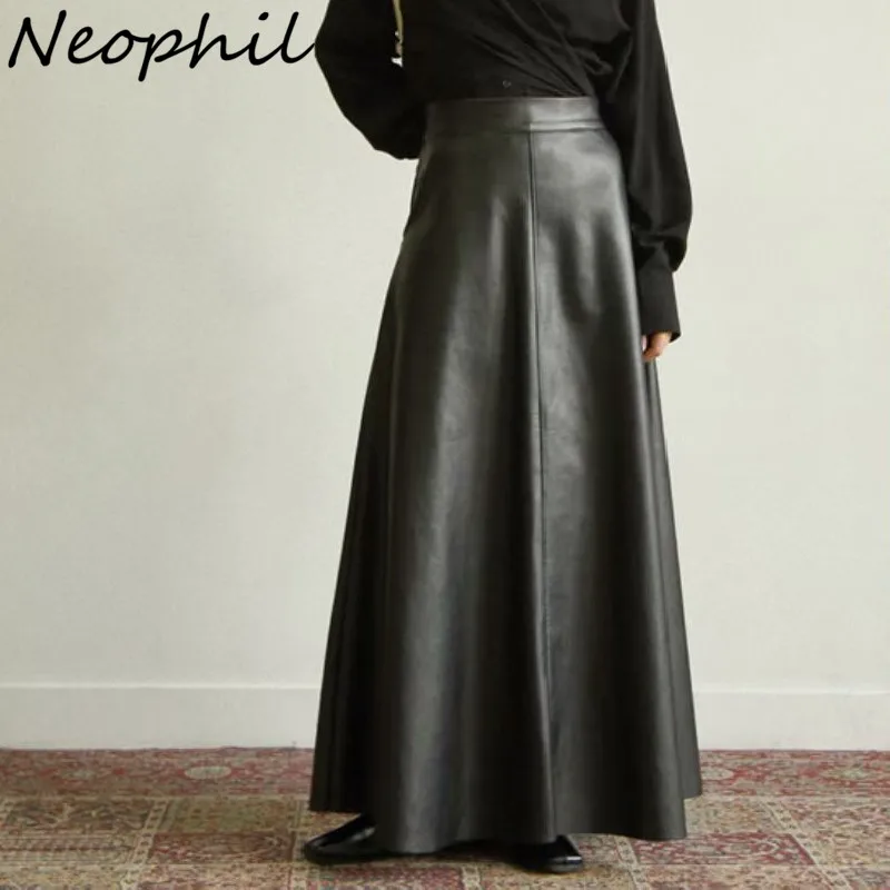 

Neophil 80cm Pockets 2023 Winter Women Pu Faux Leather Skirts High Waist Elastic Latex Female Chic Flare Flare Long Skirt S21847