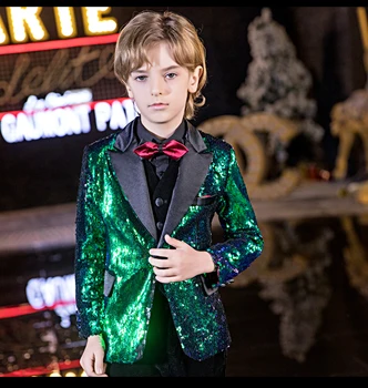 

YuanLu Kids Suit For Boy Sequin Blazer Jacket Formal Costume Toddler Clothes British Style Green For Party Wedding