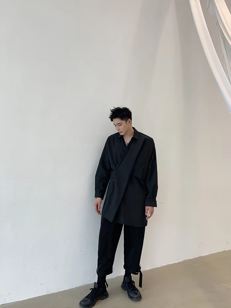 S-6XL! Рубашка мужская популярная лого длинная косая передняя часть нерегулярная высокая-конец моды темперамент блузка