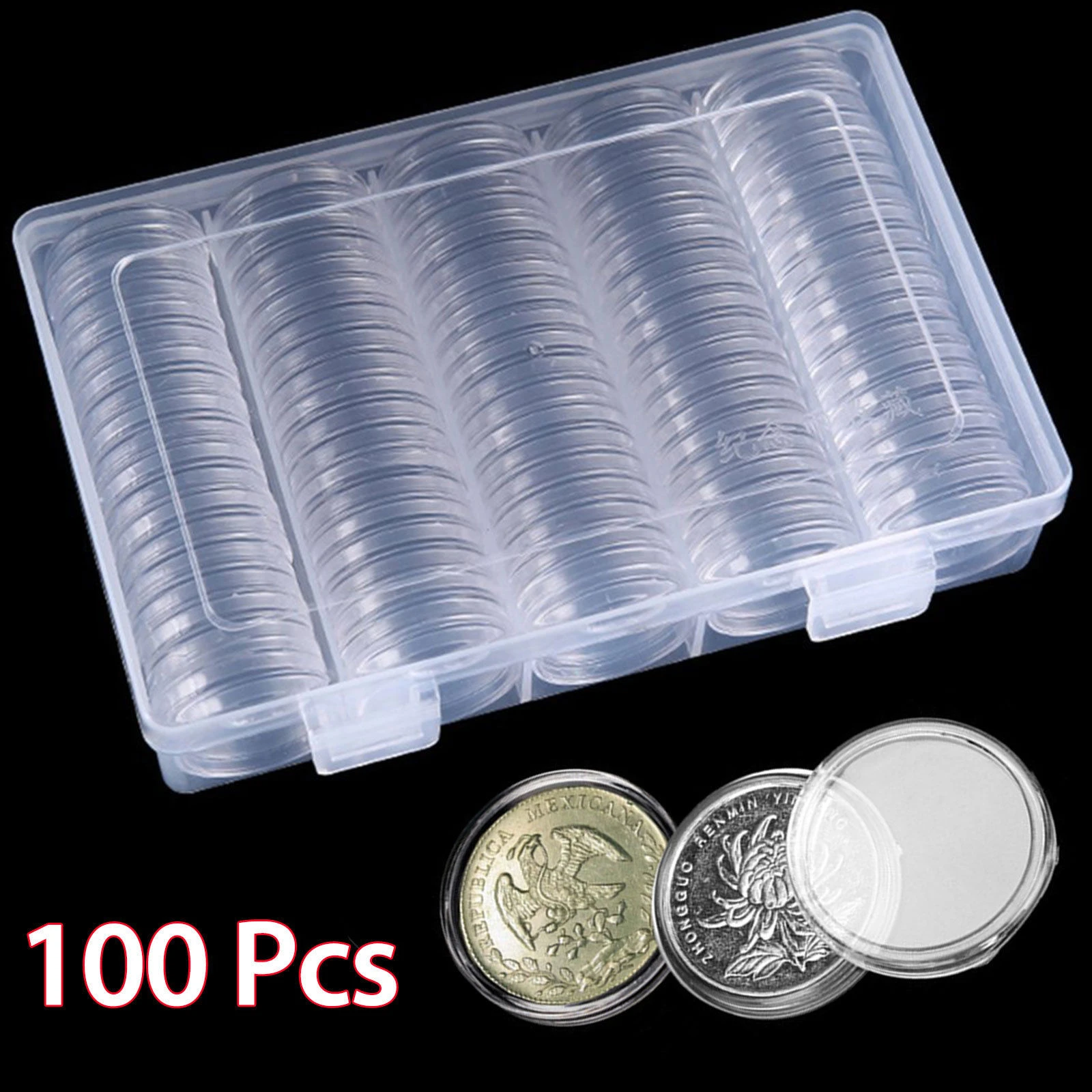 100pcs Transparent Plastic Coin Holder Coin Collecting Box Case for
