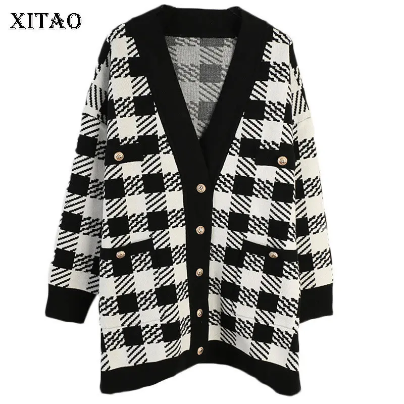 

XITAO Hit Color Plaid Knitted Sweater Women Korea Fashion Pocket Elegant Single Breast 2019 Autumn Minority Sweater GCC1364