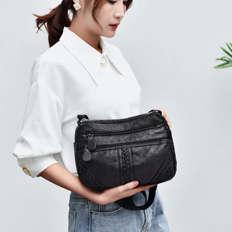 

Comfortable Crossbody Bags Women Solid Multi Layer High-capacity Shoulder Messenger Bag Leather Soft Handbag 260x180x100mm