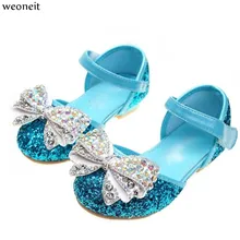 Weoneit/детская обувь с блестками; Enfants; детская Свадебная обувь принцессы на низком каблуке для маленьких девочек; нарядная обувь для девочек; цвет розовый, синий, серебристый