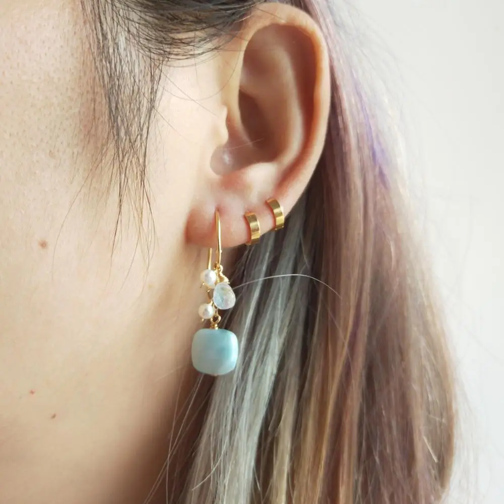 Lii Ji, натуральный квадратный лунный камень Larimar, Висячие бусины из пресноводного жемчуга, 925 пробы, серебро, 18 К, позолоченные серьги-капли ручной работы