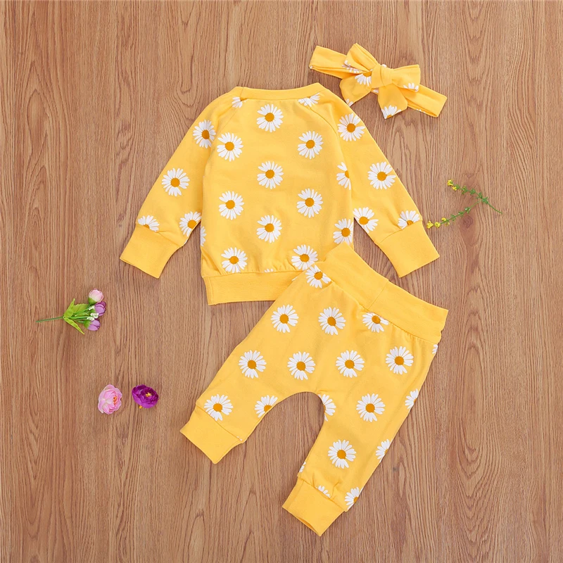 Spring New Fall Autumn Infant Baby Girls 3Pcs Set Long Sleeve Lovely Print Top Pants Headband Toddler Outfits Clothes