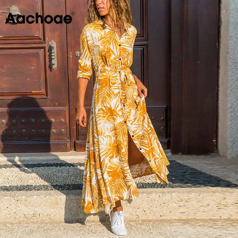 Aachoae Women Print Long Dress 2020 Spring Long Sleeve Buttons Split Dress Casual Turn-down Neck Ladies Sashes Shirt Dresses Aachoae Women Print Long Dress 2020 Spring Long Sleeve Buttons Split Dress Casual Turn-down Neck Ladies Sashes Shirt Dresses