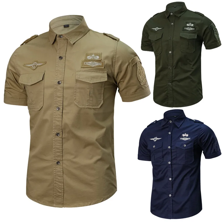 Camisas Hombre,, мужская рубашка, модная, повседневная, военная, чистый цвет, с карманом, короткий рукав, свободная, с отложным воротником, обычная, Camisa