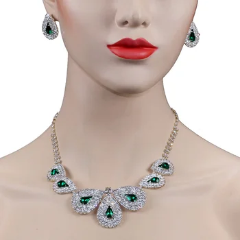 

Chran Classic Design Green Drop Crystal Wedding Prom Jewelry Sets for Women