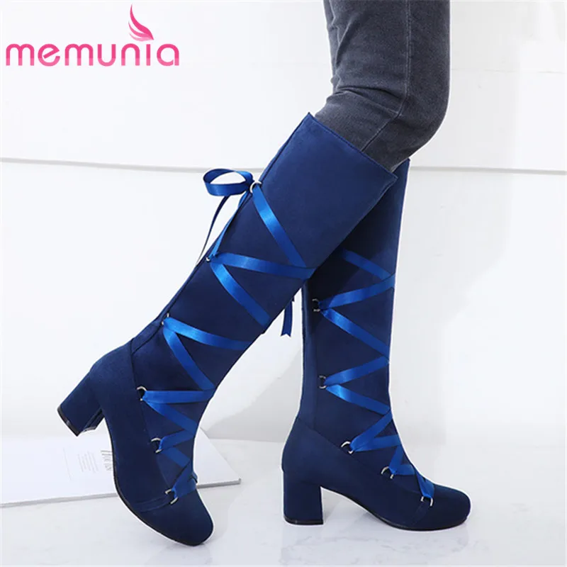 

MEMUNIA 2020 big size 48 women knee high boots lace up round toe flock high heels shoes fashion autumn winter boots woman