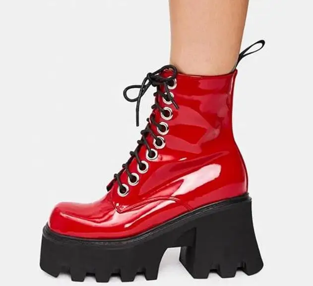 

Red Black Patent Leather Square Toe Lace Up Front Chunky Heels Ankle Boots Woman Thick Sole Platform Boots Shoes Lady