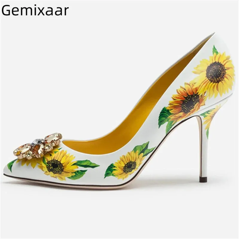 

Print Sunflowers OL Pumps Woman Point Toe Decor Jewelry Slim Shallow Elegant Zapatos High Gladiator Heel Sweet Women Pumps 43