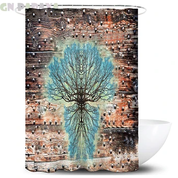 

Retro wood hippie 3d blue tree Bath Curtains Waterproof Polyester art wood pattern hippy art Shower Curtains Screen with Hooks