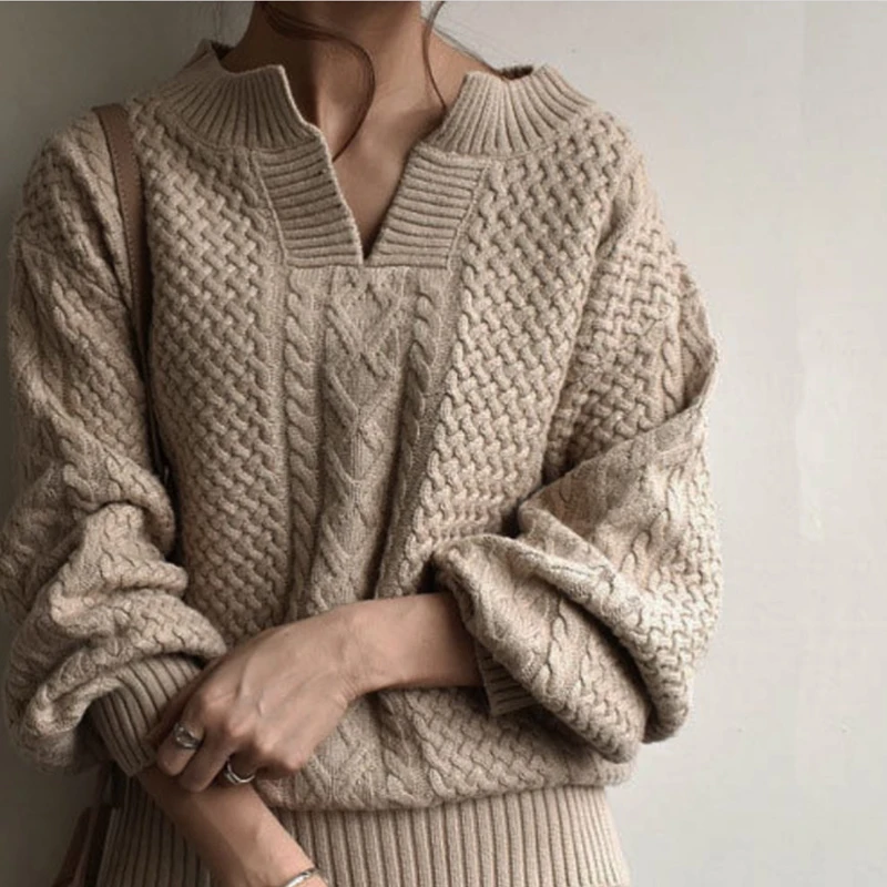 RUGOD элегантный витой женский свитер корейский v-образный вырез теплые утепленные пуловеры женский Мода Осень-Зима Свободный вязаный свитер
