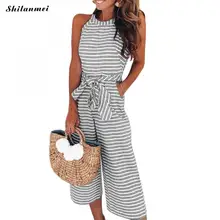 2020 Casual Long Jumpsuit For Women Polyester Sleeveless Slim Summer Striped Women Jumpsuits With Belt Drawstring Playsuits XL 2020 Casual Long Jumpsuit For Women Polyester Sleeveless Slim Summer Striped Women Jumpsuits With Belt Drawstring Playsuits XL