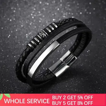 Jiayiqi Fashion New Men Jewelry Genuine Leather Bracelets Stainless Steel Magnetic Clasp Punk Black Brown Rope Chain for Gifts