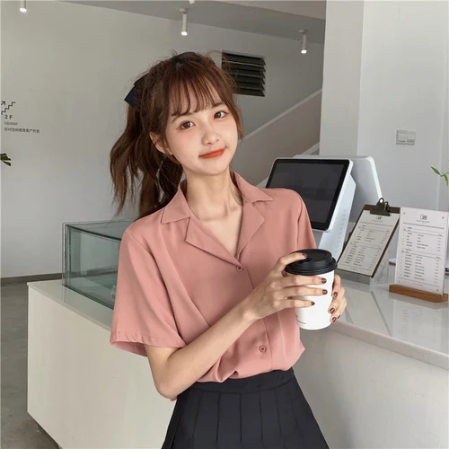 Turndown Collar Short Sleeve Chiffon Shirt Blouse Women 2020 Office Ol Overalls Shirt Casual Button Loose Summer Simple Tops Pink