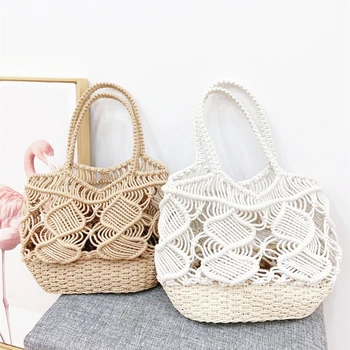 

Summer Woven Cotton Hollow Out Handnag Teenager Female Beach Crochet Braid Bali Ibiza Gypsy Bohemian Boho Tote Top-handle Bag
