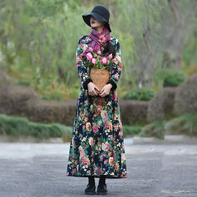 Gratis Verzending 2019 Nieuwe Mode Katoen Fleece Dikke Warme Lange Maxi Jurk Met Pocket Vrouwen Lange mouwen Losse Bloem chinese Stijl Gratis Verzending 2019 Nieuwe Mode Katoen Fleece Dikke Warme Lange Maxi Jurk Met Pocket Vrouwen Lange mouwen Losse Bloem chinese Stijl