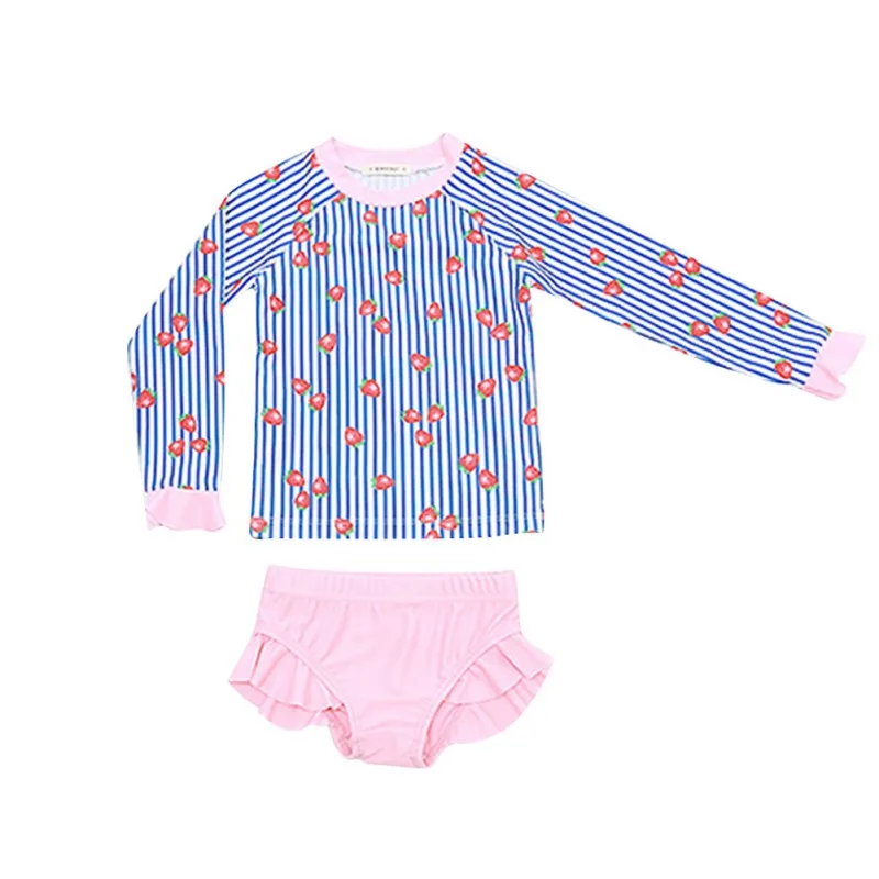 

2Pcs/set Baby Girl Summer Long Sleeve Strawberry Pattern With Blue And White Stripes Swimsuit Cute Set Toddler Bikini