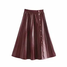 Женская юбка из искусственной кожи, модная женская юбка с черными винными пуговицами, свободная плиссированная Женская осенне-зимняя повседневная юбка