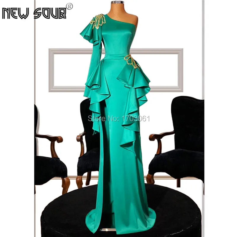 

Custom Made 2019 One Shoulder Evening Dresses For Celebrity Couture African Beading Green Prom Party Dress Saudi Arabic Gowns