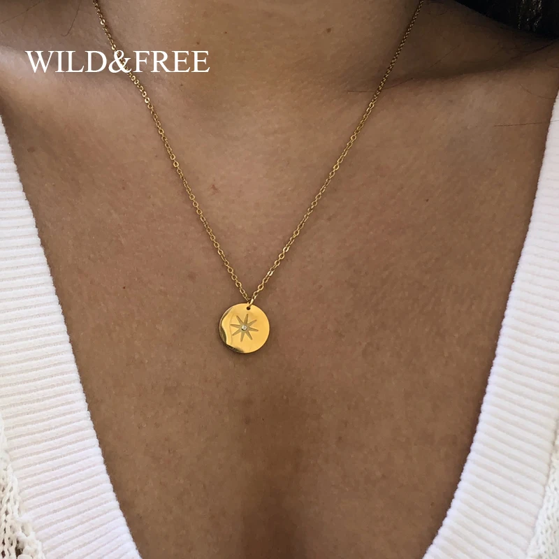 Wild&Free New Stainless Steel Gold Pendant Necklace For Women Girls Vintage Round Disc Star Shape Simple Necklace Jewelry Gift
