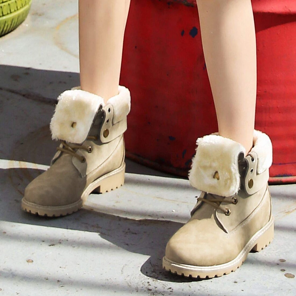 Женские ботильоны на меху модные зимние ботинки со шнуровкой Водонепроницаемые кожаные ботинки на низком каблуке с нескользящей подошвой черного цвета