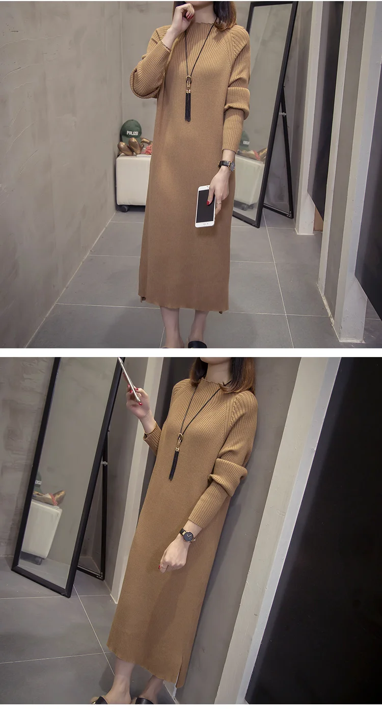XL-4XL плюс размер женское утолщение теплый свитер платье зима сплошной цвет водолазка с длинным рукавом Женские трикотажные миди платья