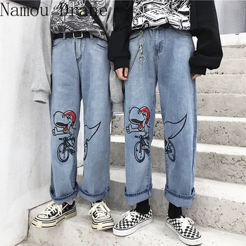 

New Jeans for Women Harajuku Cartoon Jeans Cute Dinosaur Jeans Loose High Waist Trousers Cotton Female Pants Streetwear Overalls