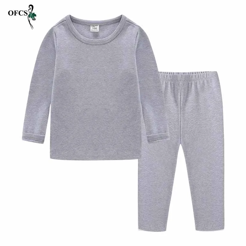 Autumn Children's Bottom Suit Boys Girls Clothes Long-sleeved T-shirt Cotton Set Candy Long-sleeved Trousers 2 Sets Nightwear - Цвет: Gray