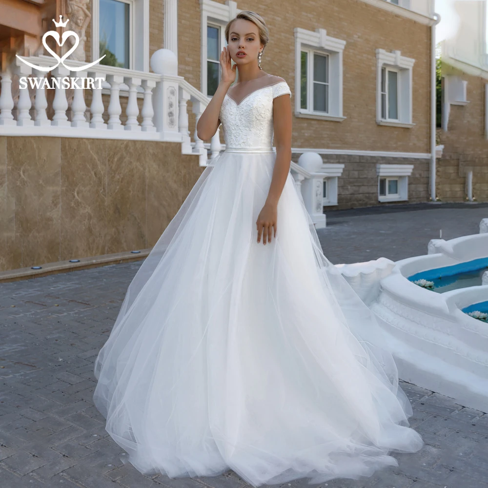 

Fabulous Appliques Wedding Dress Swanskirt M134 Classic Off Shoulder A-Line Beaded Lace up Princess Bridal Gown Vestido de novia