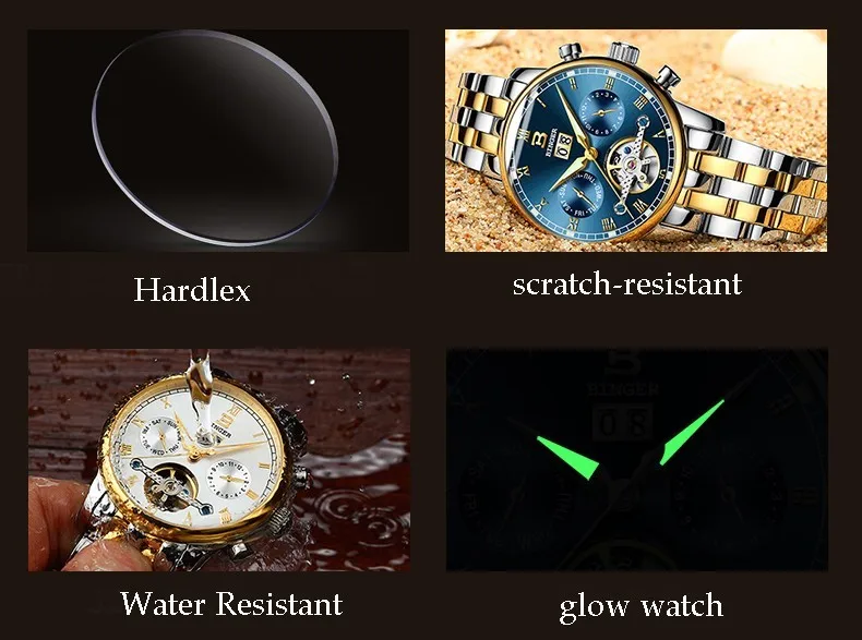 Швейцарские Бингер мужские часы люксовый бренд Tourbillon fulll нержавеющая сталь водонепроницаемые часы Механические наручные часы B-8604
