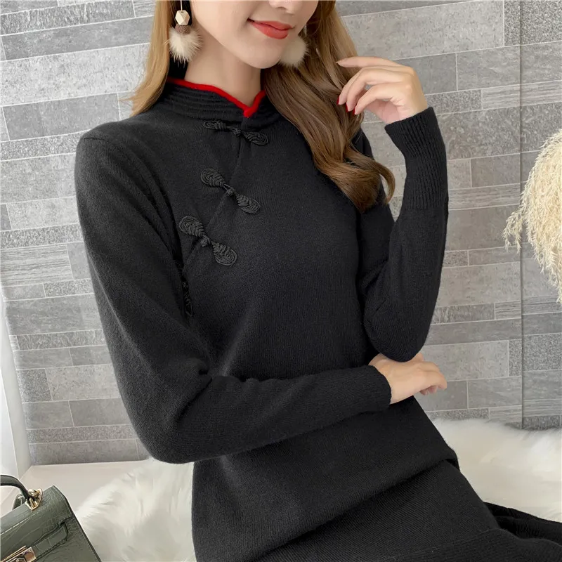 Осень новая волна длинная секция дамы красный cheongsam вязаное платье длинный свитер женский рыбий хвост юбка
