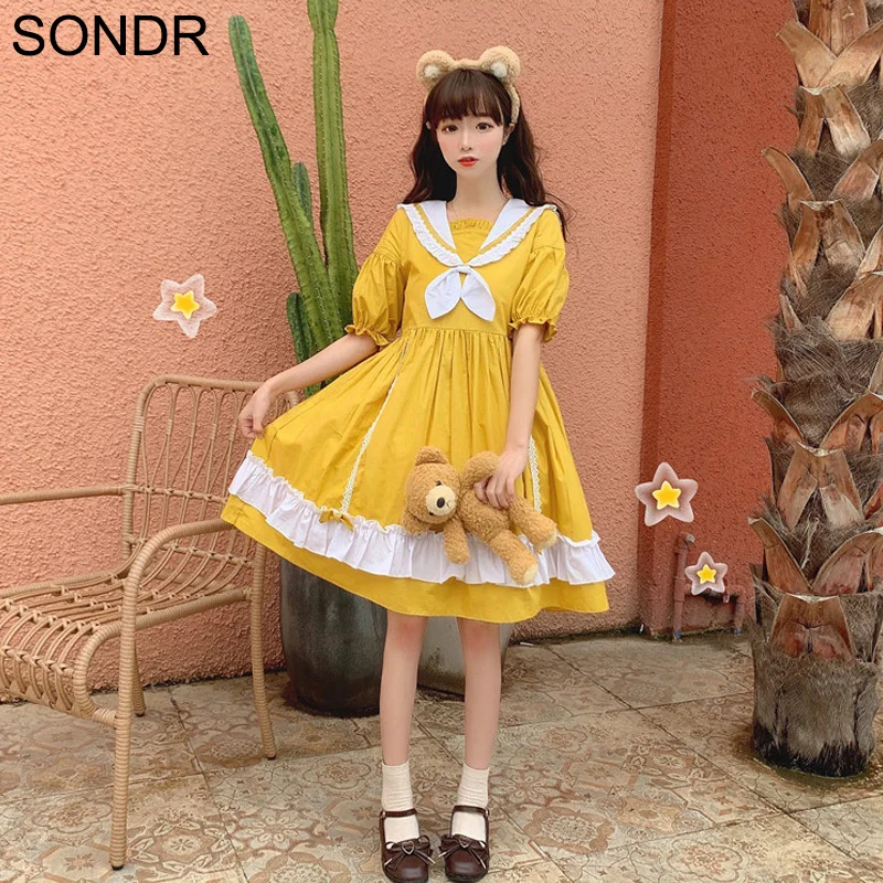 2020 new cute Girls Lolita Style Summer OP Dress kawaii cute Japanese College Navy collar Lace Ruffle Bow Vintage Yellow Dresses