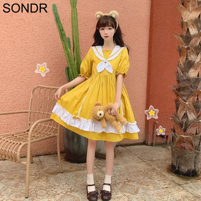 $17.79 2020 new cute Girls Lolita Style Summer OP Dress kawaii cute Japanese College Navy collar Lace Ruffle Bow Vintage Yellow Dresses