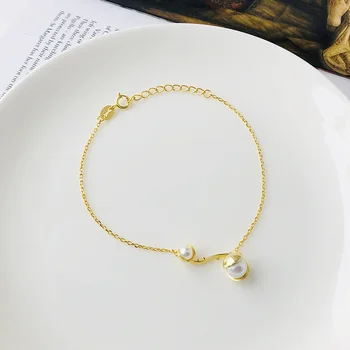 

Genuine 925 Sterling Silver Dainty Pearl Bracelets Double Pearls Chain Gold Tone Bracelet Luxury Jewelry for Women Girls