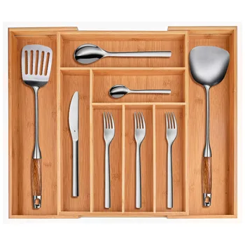 

Bamboo Expandable Drawer Organizer, Premium Cutlery and Utensil Tray, 100% Pure Bamboo, Adjustable Kitchen Drawer Divider