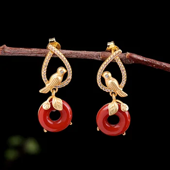 

MetJakt S925 Sterling Silver Bird-shaped Red Agate Earrings for Ladies