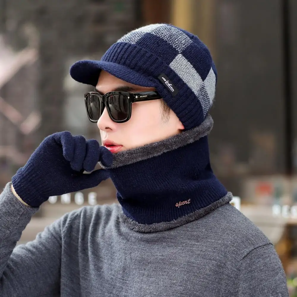 navy 3pcs Новые зимние шапки шарф перчатки теплые 3 шт. набор для женщин и мужчин толстый хлопок зимние аксессуары набор женский мужской шапочки шарф перчатки - Цвет: navy 3pcs